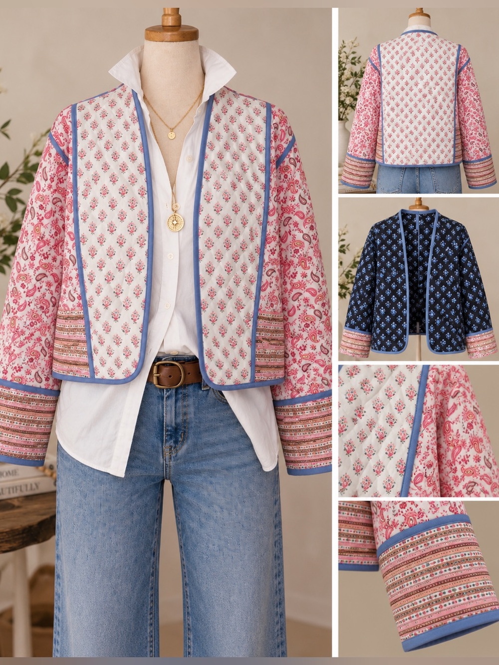 Reversible Quilted Floral Block Print Jacket Lightweight Boho Open Front. Multi